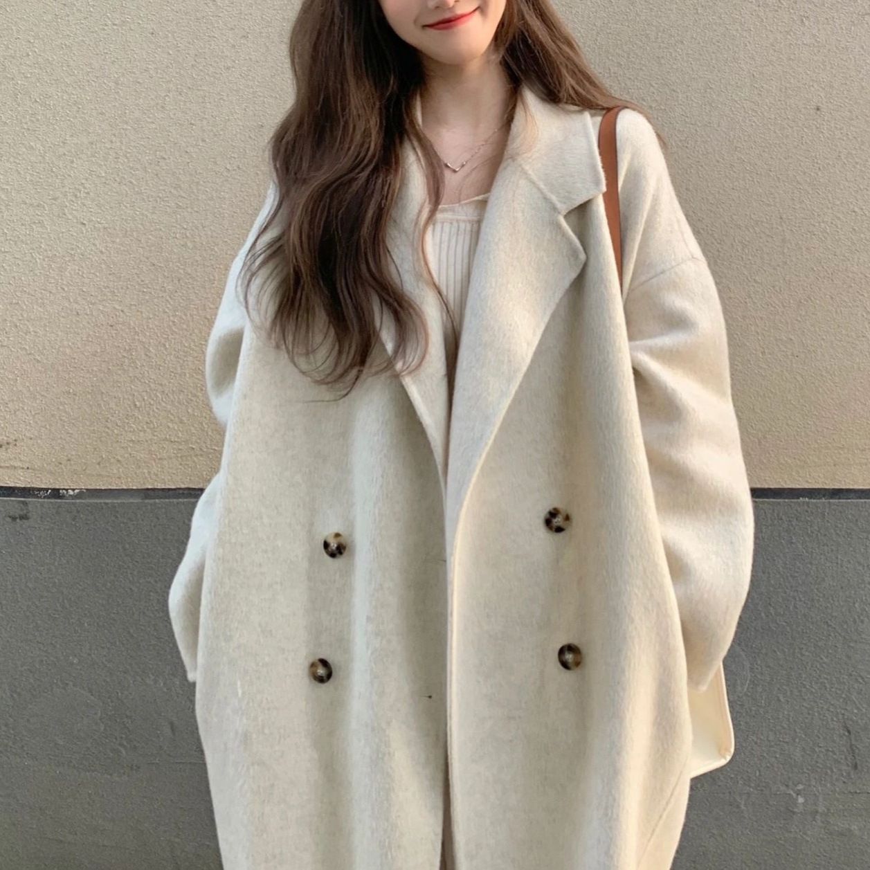 慵懒风单面加绒呢子大衣女秋冬新款百搭直筒宽松过膝外套气质风衣