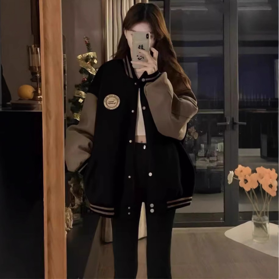 美式棒球服外套少女春秋冬2025新款初中高中学生夹棉加厚ins上衣V