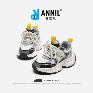 儿童老爹鞋 春秋皮面防水男孩轻便跑步鞋 2025新款 安奈儿男童运动鞋
