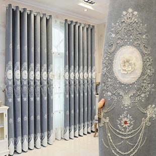 遮光阳台花定制卧室简约客厅高浮雕成品高档新款 窗帘欧式 刺绣落地