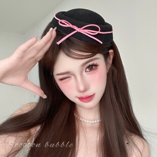 赫本英伦风小礼帽头饰黑粉色蝴蝶结jk海军帽发夹女圆顶贝雷帽发饰