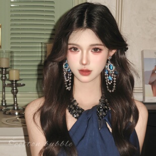 宫廷风重工蓝宝石耳环复古夸张耳饰女气质高级感锆石流苏长款耳坠