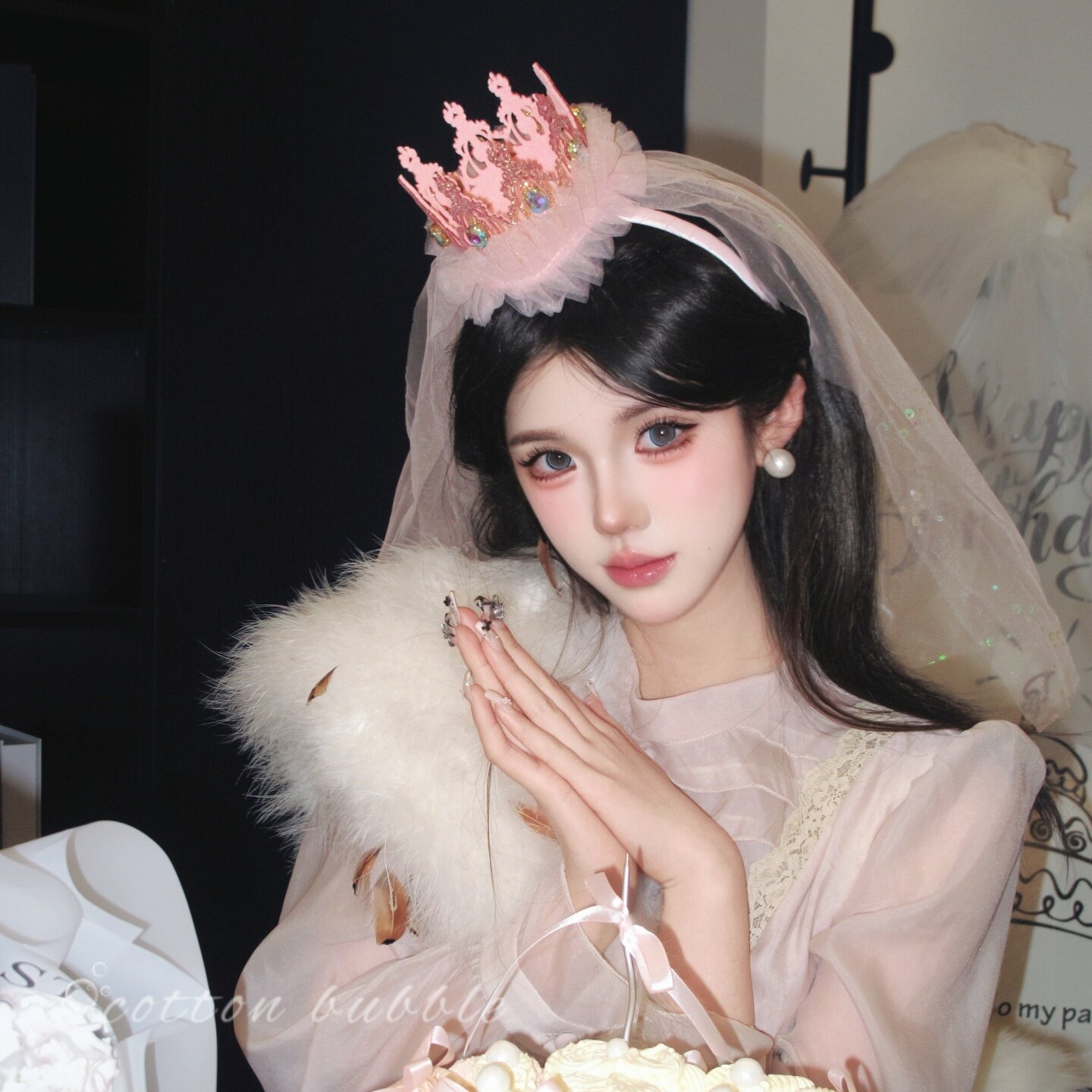 生日快乐！公主帽皇冠发箍头纱韩系少女感party派对头箍拍照头饰
