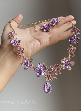 紫色花朵项链耳环套装夸张配饰女