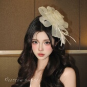 矜贵千金生日头饰米白色网纱小礼帽发夹新娘头纱羽毛花朵头花发饰