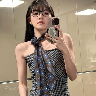 韩系蓝咖色花朵丝巾飘带玫瑰花长条系脖女高级感配饰围巾丝带领巾