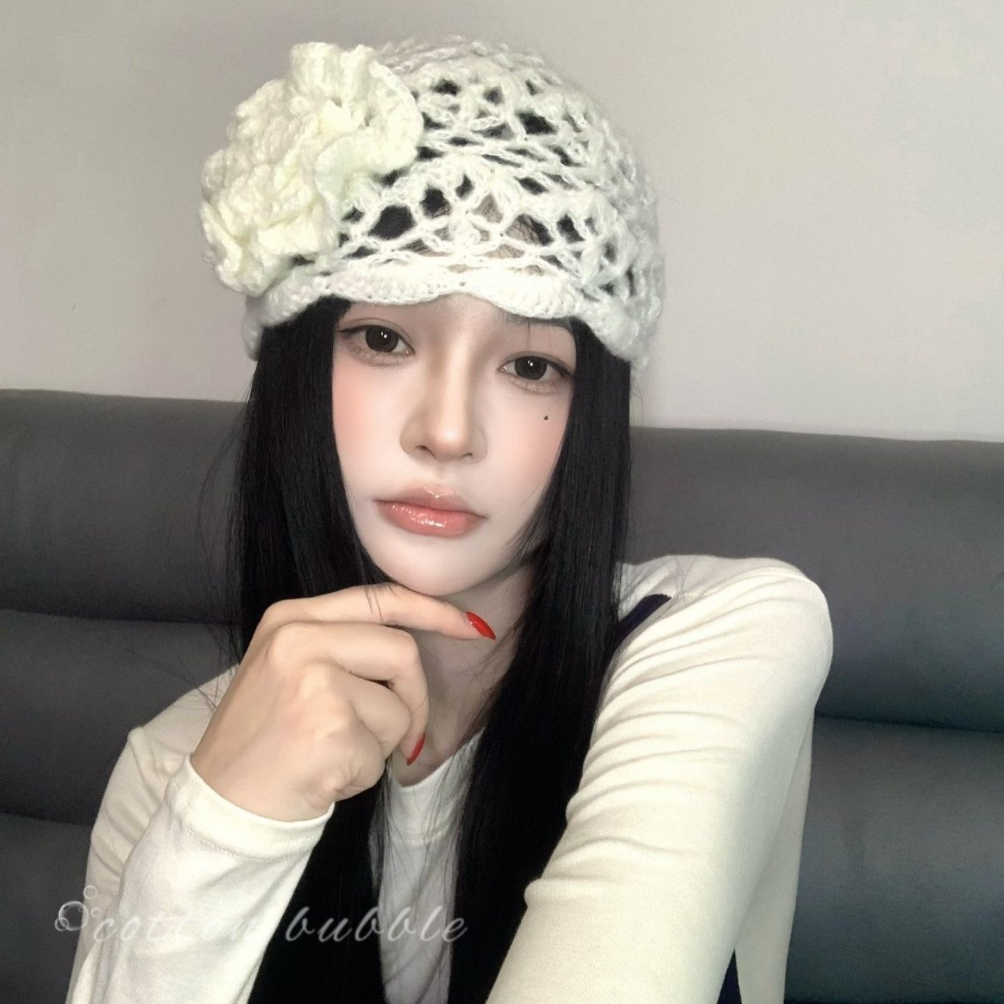 复古镂空花朵包头帽女韩系ins显脸小套头帽大头围百搭手工针织帽