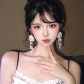 超仙白色珍珠花朵流苏耳环法式 复古耳钉甜美度假耳坠温柔耳饰耳夹