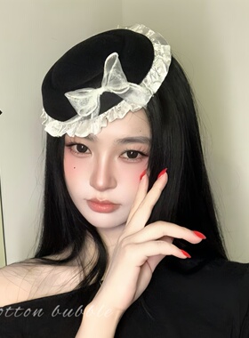 日系黑色蝴蝶结花边帽子头饰赫本风jk礼帽侧边发夹可爱水手帽发饰