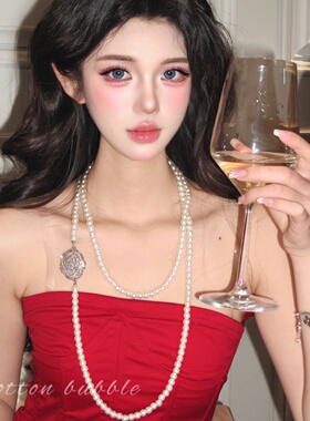 法式山茶花双层珍珠项链长款配饰