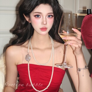 法式山茶花双层珍珠项链长款女轻奢高级感礼服配饰叠戴颈链毛衣链