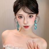 复古清冷绿色耳环轻奢高级感耳钉女流苏水晶吊坠小众耳坠夸张耳饰