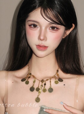 波西米亚古着金色钱币流苏项链女