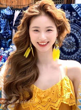 波西米亚民族风黄色羽毛耳环女流苏耳钉云南旅游配饰度假耳坠耳饰