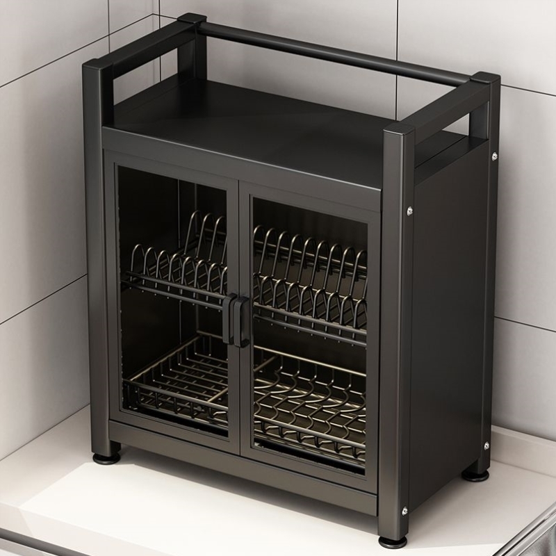 厨房置物架台面玻璃双开门放碗碟盘筷子收纳沥水架多功能防尘碗柜