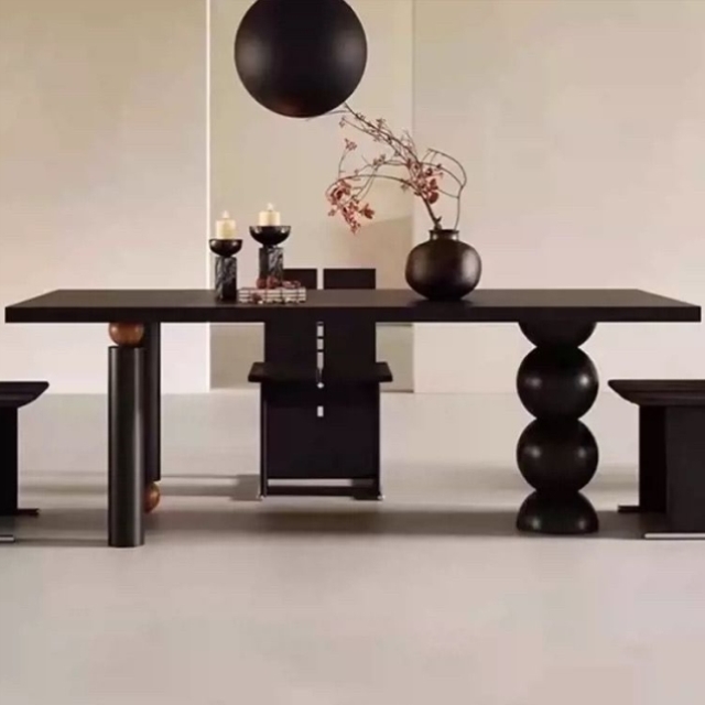 黑色古风法式复古小户型餐桌椅实木椅子组合家用饭桌长方形桌子