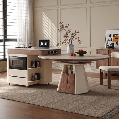 现代简约厨房家用岛台餐桌一体小户型中古风折叠伸缩方圆两用饭桌