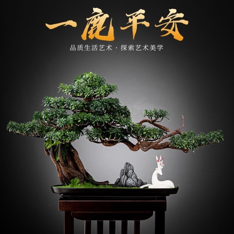 新中式仿真迎客松盆景室内高级仿真花客厅摆件高档办公室桌面造景