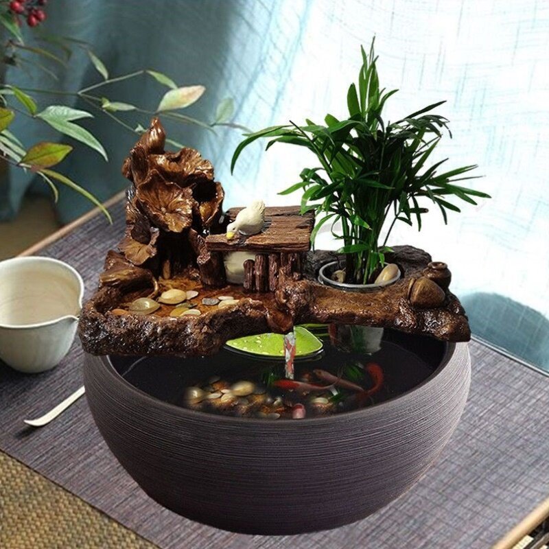 客厅桌面陶瓷古法圆形鱼缸流水过滤器增氧水循环系统创意摆件造景