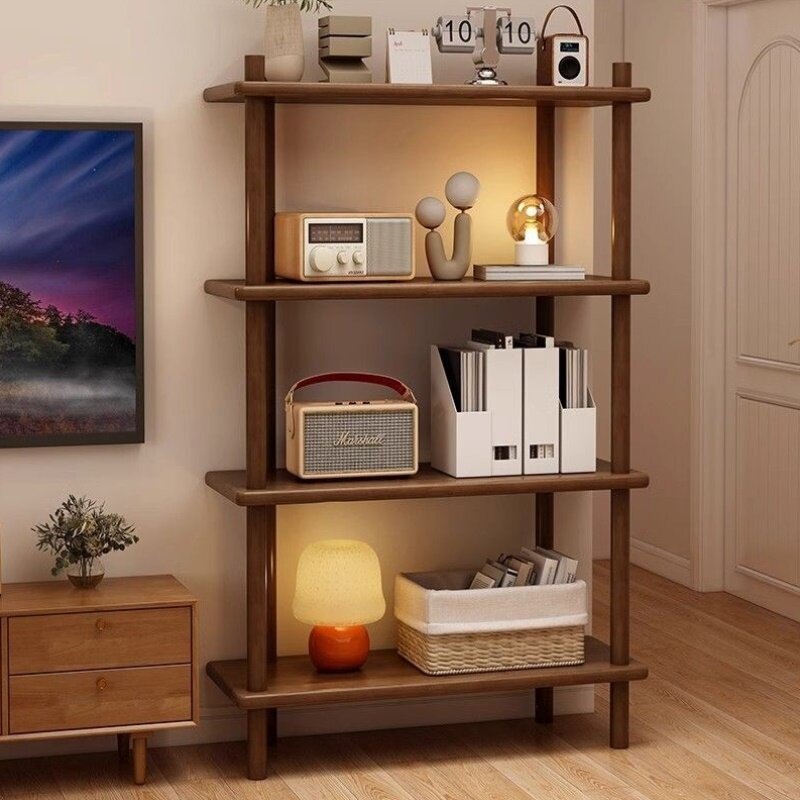 多功能木制书架置物架四层收纳实木橡胶木小夜灯书房落地实木书架