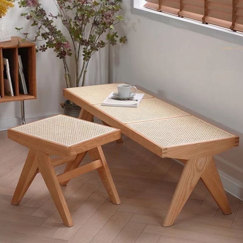 藤编长凳北欧实木宅寂风换鞋凳藤编双层藤面长条K凳单人双人三人