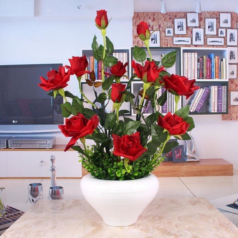 露水玫瑰仿真花套装假花绢花月季手感客厅摆放花艺装饰花摆件12头