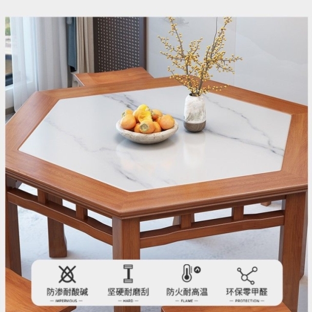 实木岩板餐桌六边形桌椅组合饭店餐馆茶楼新中式饭桌面馆六角桌子
