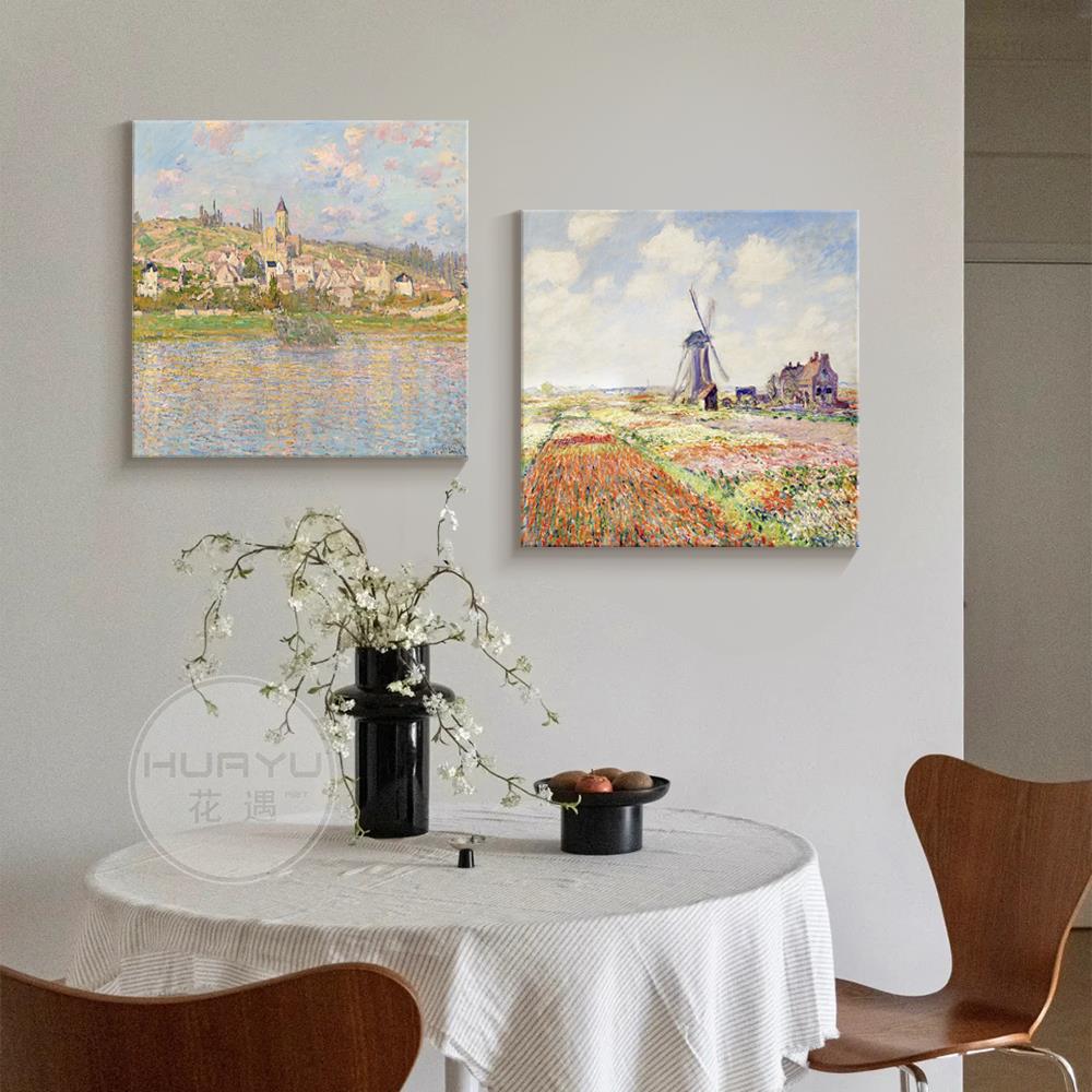 莫奈法式奶油风餐厅组合装饰画背景墙无框挂画中古风高级感餐桌画