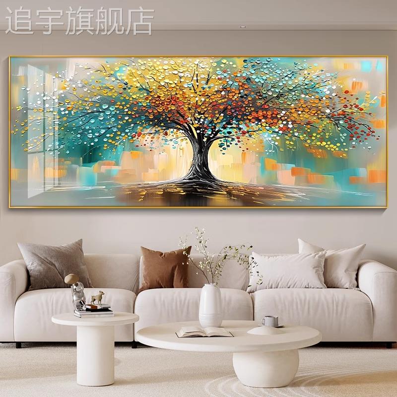 大芬村油画轻奢客厅装饰画现代简约沙发背景墙挂画发财树横幅壁画图片