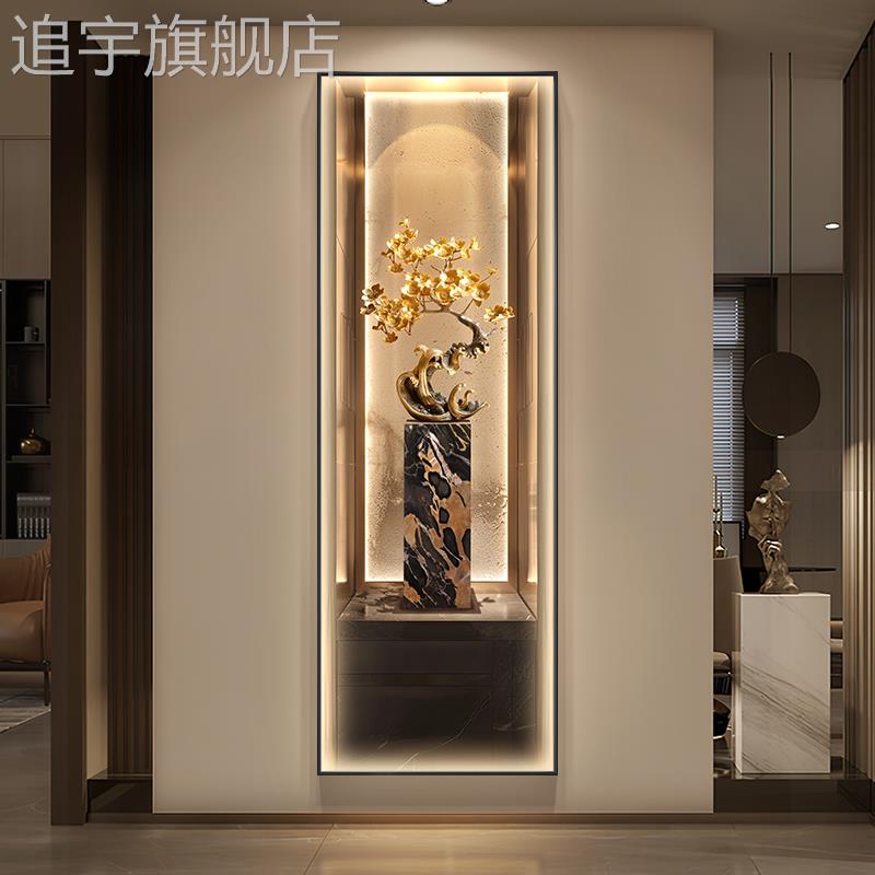现代轻奢玄关装饰画发财树走廊过道挂画高级感入户门正对墙壁画灯图片