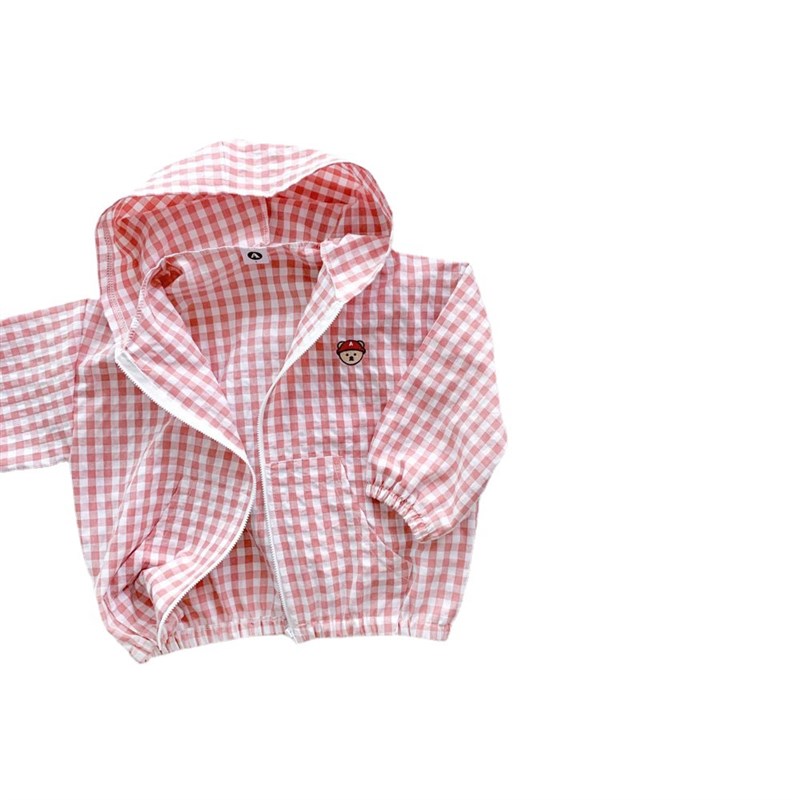 韩国童装春夏中小童防风防晒拉链开衫女长袖连帽格子上衣童装外套