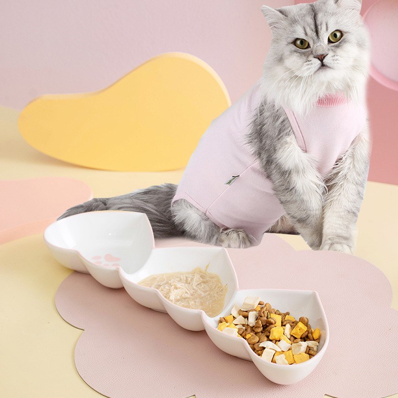 长条猫碗陶瓷三连碗猫食盆幼猫水碗猫粮碗猫饭盆宠物喂食碗零食碗