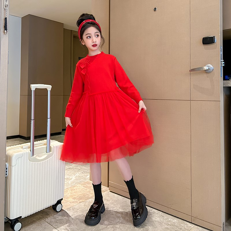 女童针织连衣裙23秋冬新款儿童网纱毛衣裙中大童洋气新年红公主裙