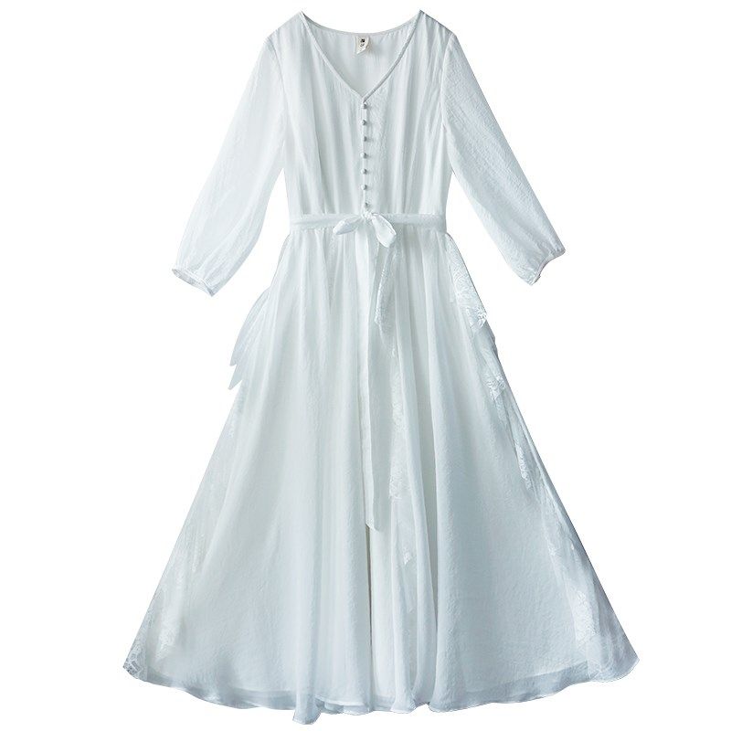 【云梦柔蔓】复古白色雪纺连衣裙女春季蕾丝荷叶边拼接七分袖长裙