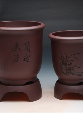宜兴新款紫色黑色底座古典桌面光板紫砂君子兰 陶瓷大花盆带托