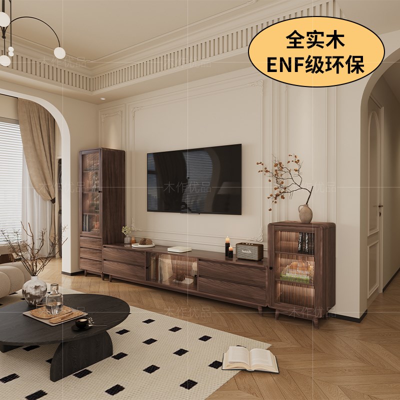 中古风电视柜客厅2024新款落地家用法式复古收纳储物柜一体小户型