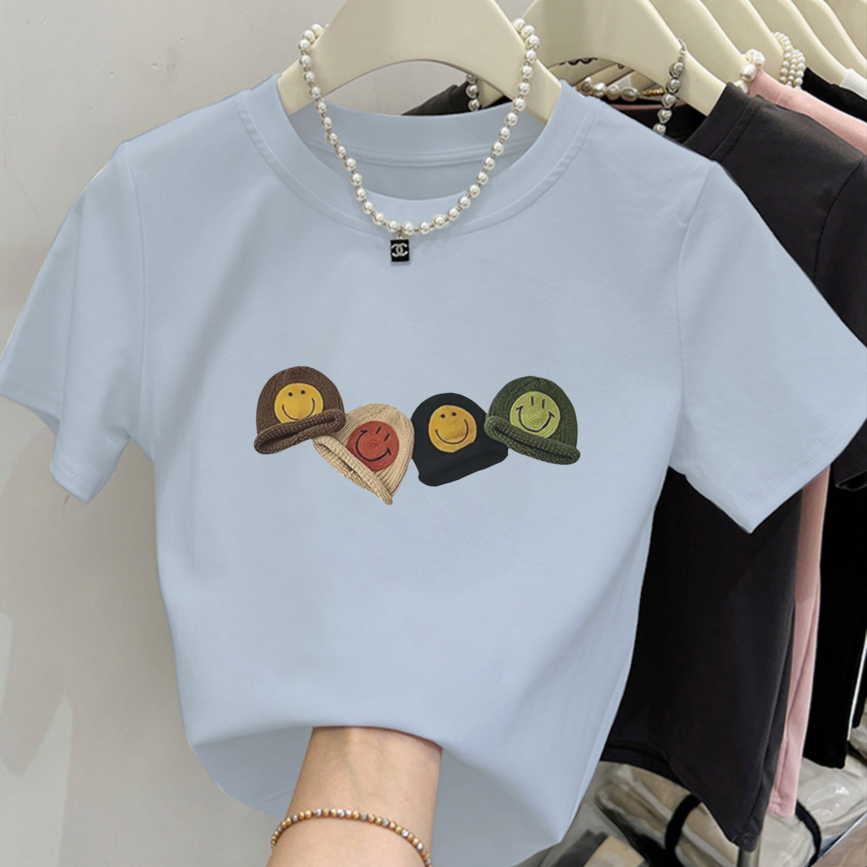 纯棉短袖t恤女四个针织帽印花正肩显瘦小个子百搭潮流洋气上衣