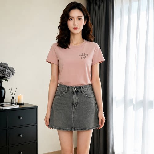简约印花圆领全棉T恤女