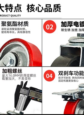 重型3/4寸5寸铁芯丝杆M10聚氨y酯万向轮M16PU承重耐磨静音M12脚轮