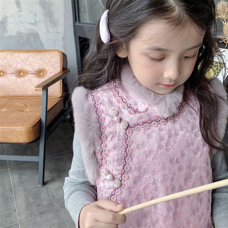 粉紫色旗袍女童真獭兔p毛夹棉拜年服中国风花朵刺绣背心裙汉服唐