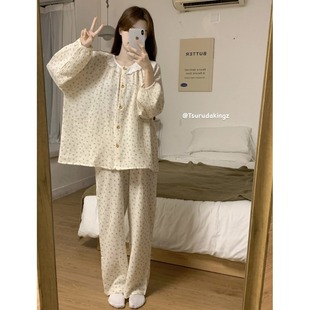 韩版 碎花睡衣女春秋p甜美樱桃花边圆领长袖 长裤 纱布家居服套装