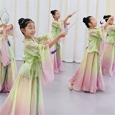 儿童古典舞蹈演出服念琵琶俏扇妆钿扇语春风立春古W风城外小月亮