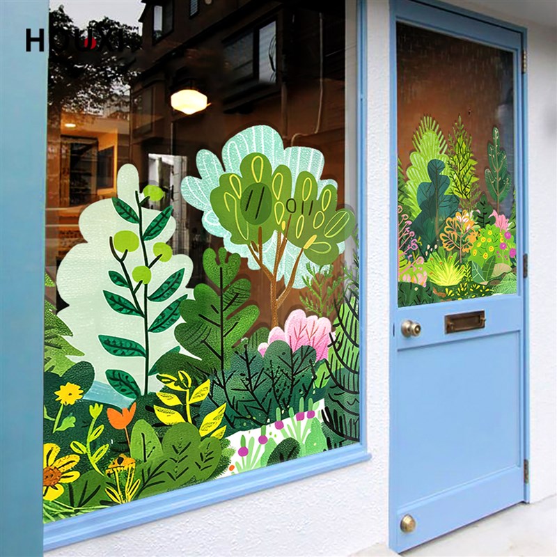 创意手绘植物玻璃贴纸夏天t清新装饰商场主题餐厅橱窗布置无胶贴