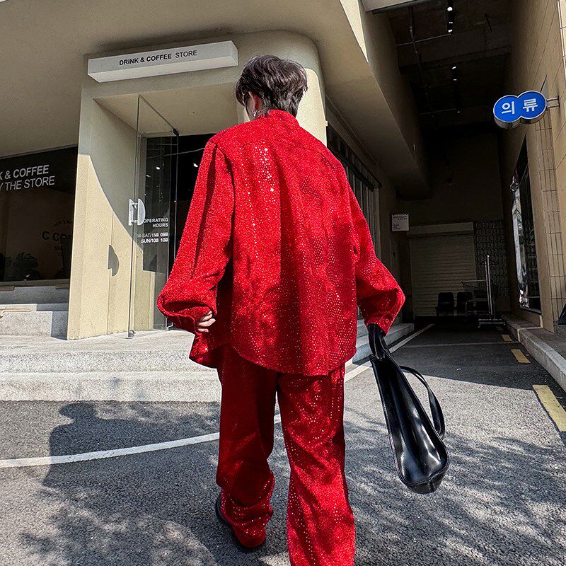 红色时髦亮e闪闪珠片小众衬衫男休闲裤韩版个性表演舞台装套装潮