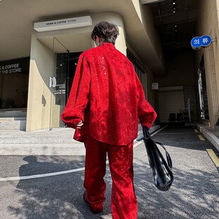 红色时髦亮e闪闪珠片小众衬衫男休闲裤韩版个性表演舞台装套装潮