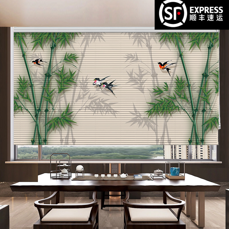 新中国风印花百叶窗帘铝合金办公B室客厅遮光升降免打孔山水画卷