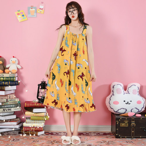 吊带睡裙女夏棉绸睡衣短袖韩版可爱人造棉连衣V裙大码薄款睡衣