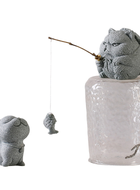 创意侠客小猫钓鱼茶宠摆件可爱小猫咪香插鱼缸盆栽造景Y桌面装饰