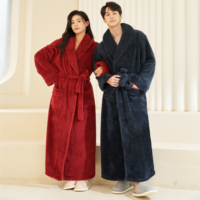 冬季睡衣男士睡袍加绒加厚情侣浴袍珊瑚绒秋冬保暖女Y士长版家居