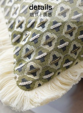 色织提花绿色复古k仿亚麻厚排须抱枕客厅沙发靠垫民宿样板间靠枕